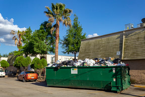 A green dumpster on the street.